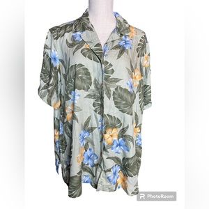 Sunset Cove 100% Rayon Green & Blue Tropical Button Down Short Sleeve Shirt